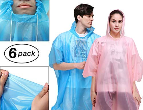 ViperGear Rain Poncho for Adults (6 Pack) - PEVA Tear Resistant Ponchos - Drawstring Hood - Disposable Emergency Rain Poncho