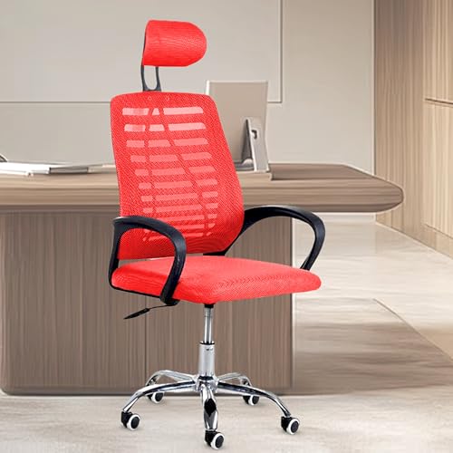 Image of Casa Copenhagen,Mesh Office Desk,Rocking, Ergonomic Computer Chair Adjustable High with Headrest and Comfortable Armrest Swivel Chair - Red & Dark Black Handle