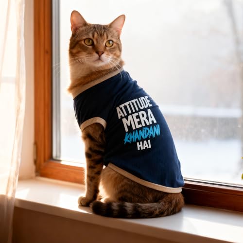 Image of JoyDaog Cozy Dog Winter Coat Navy Blue Color 10 Inch (XXS)- inchAttitude Mera Khandani Hai inch Printed Soft Cotton Trendy Apparel for Cat, Kittens, Puppy & Toy Breeds I Indoor & Outdoor