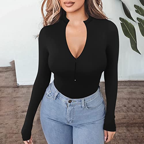 SLENDIPLUS Body feminino sexy zíper frontal gola careca manga longa tops body camisas macaquinho com