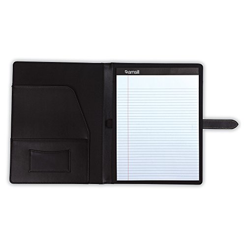 Image of Samsill Contrast Stitch Leather Padfolio and Business Portfolio for Men and Women, Resume /Document Organizer with Writing Pad and Strap Closure, Black (71740)