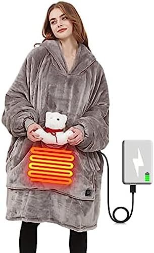 Oversized Heating Hoodie,Winter USB Thermal Blankets -3 Heating Zones & Huge Pockets,Portable Wearable Hoodie Sweatshirt For Camping/Fishing/Cold Houses,Grey