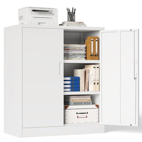 Aktenschrank, Mehrzweckschrank, Büroschrank mit 2 Türen, Schrank abschließbar, Aufbewahrungsschrank Stahl, Schrank abschließbar, 2 höhenverstellbare Einlegeböden für Büro, Garage(Weiß,90 * 80 * 40)