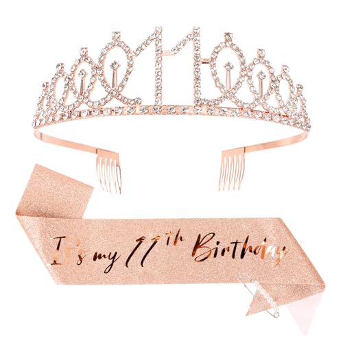 CIEHER 11th Birthday Crown + Sash + Pearl Pin Set Its My Birthday Sash 11th Birthday Tiara Birthday Decorations & Gifts