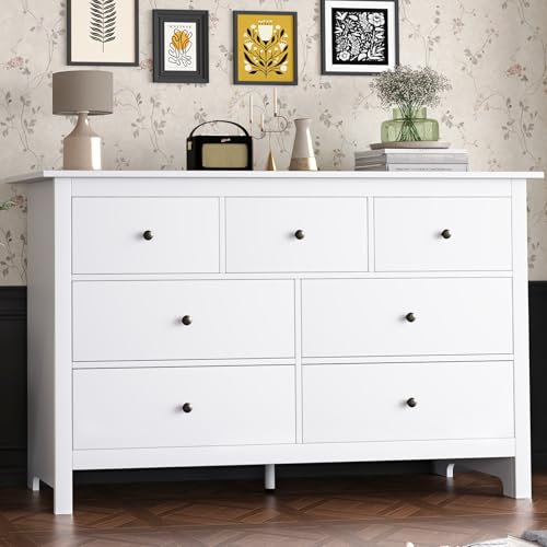 TXGDPIONEER Modern White Dresser for Bedroom,47.2‘’ Wide 7 Drawers with Handles & Deep Storage,Wooden White Dresser Chests of Drawers for Hallways