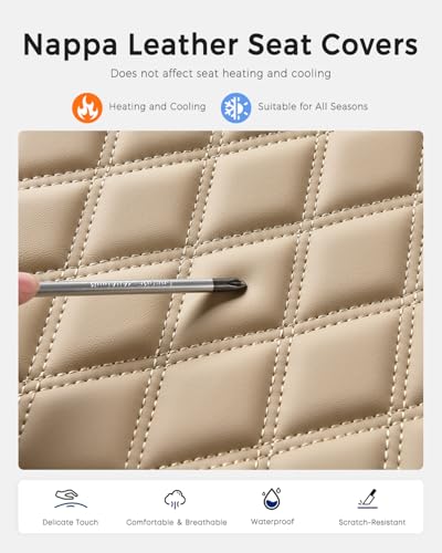 Image of Huidasource Beige Seat Covers, Nappa Leather Car Seat Covers, Velcro Adjustable, Compatible with Airbags, Armrests, Child Seat, Universal Fit for Most Cars, Vans, Trucks, SUVs (Full Set /Beige)