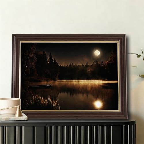 Image of Framed Vintage Moonlit Lake Canvas Wall Art, Misty Forest Night Landscape Canvas Prints Pictures, Dark Nature Wall Decor for Living Room Bedroom Farmhouse Home Aesthetic