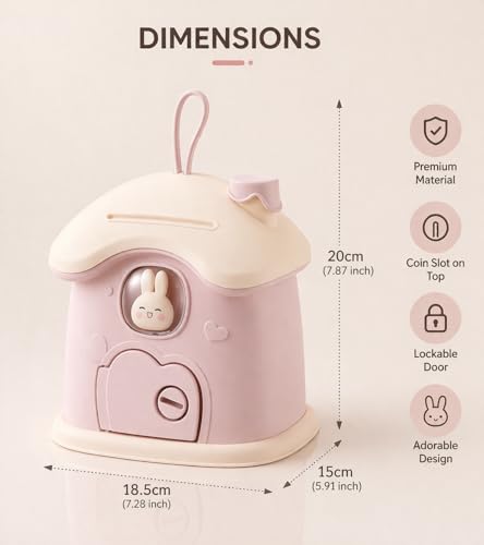 Image of Cute Bunny Piggy Bank for Kids | Kawaii Cartoon Animal Coin Bank | Mini House Cottage Money Saving Box | Durable Plastic Savings Bank Toy Gift for Boys Girls | 1 Pc (Random Color)