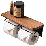 トイレットペーパーホルダー ２連 片手で切れる 賃貸 DIY ペーパーホルダー おしゃれ 無垢材 木製 棚付 アイアン 汚れに強い天板 パイン材 小物置き簡単設置 飾り棚 補充楽 耐久性 ナチュラルデザイン 省スペース 多機能 コンパクト トイレ用設備 卷纸架 紙巻器 (ブラウン)