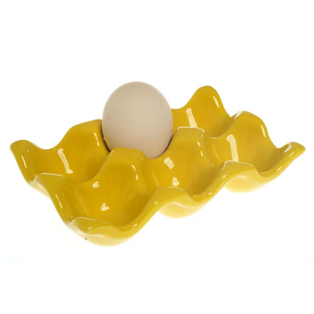 ttnmrc Montessori Ceramic Egg Tray, 6-Cup Yellow Egg Holder for Toddlers, Practical Life Egg Storage Ceramic Egg Rack