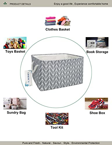 Image of Rectangular Thick Collapsible Grey Chevron Storage Bin | Sturdy Thick linen EVA fabric,soft cotton rope handles, large chevron print for bedroom, closet, bathroom supplies