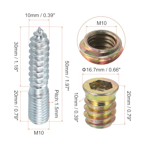 Image of uxcell M10x50mm Hanger Bolts, 8pcs 30mm Wood Dowel Screw Self-Tapping Screw with 8pcs M10x20mm Threaded Insert Nuts Interface Hex Socket Drive, for Joint Furniture Legs