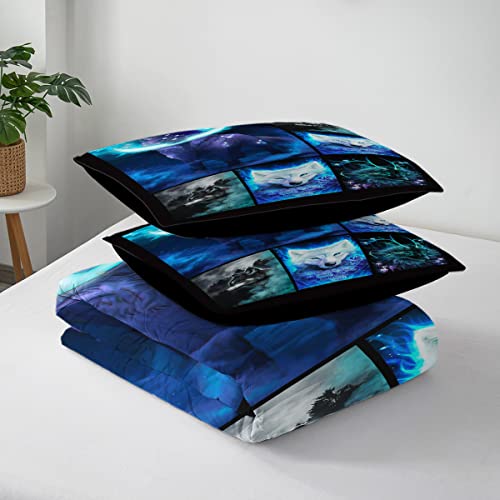 Toptree White Wolf Howling Comforter Set Full Size, 3Pcs Full Moon Galaxy Wolf Bedding Set For Boys Girls, Forest Animal Wolf Moon Pattern Bed Set, 1 Full Comforter 2 Pillowcasess #TOP4