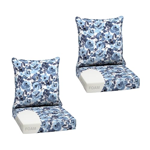 Image of Arden Outdoor Foam Deep Seat Cushion Set, 2-Pack, 24x24, Premium High-Density Foam, Never Flattens, Weather-Proof for Patio Chair Sofa Couch, Blue Garden Floral