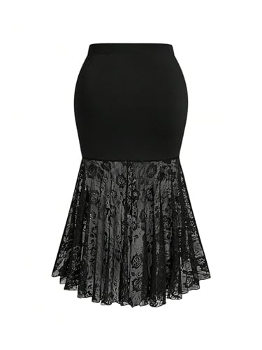 Women's Plus Size Floral Lace Skirt Ruched Mesh Bodycon Fishtail Midi Skirt2