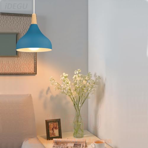 Miniatura 3 de Idegu 2 Piezas Lámpara Colgante Moderna, Retro Led Lámpara De Techo Madera Metal Estilo Nordico Iluminación E27 Luz De Techo Interior Para Comedor Salon Dormitorio, 20cm Azul Oxford