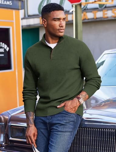 COOFANDY Men's Quarter Button Sweater Mock Neck Textured Knitted Pullover3