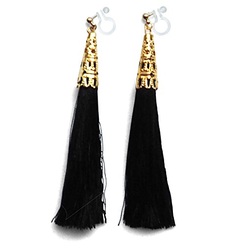 Miyabi Grace Long Black Dangle Tassel Drop Fringe Clip Earrings and Invisible Clip on Earrings Non Pierced for Women, Gold tone