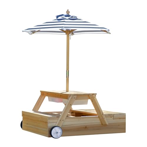 Teamson Kids Sorrento Outdoor 2-in-1 Picnic Table with Umbrella & Sandbox, Wooden Set in Blue and Natural