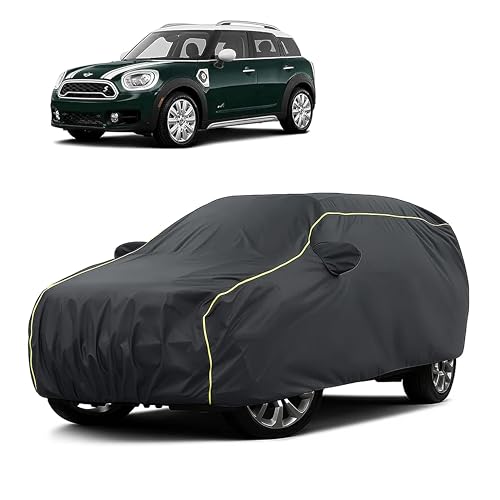 Image of Sulfar 100% Water Resistant Car Body Cover Compatible with Mirror for BMW Countryman (Triple Stitched, Full Bottom Elastic, Dark Grey Taffeta with Yellow Piping)