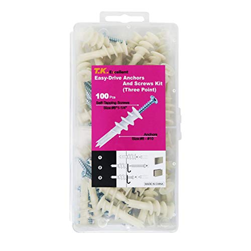 T.K.Excellent Lot de 50 Cheville autoforeuse nylon placo sans trou + vis pour plaque de plâtre, E8 Diam.13 x L.41 mm