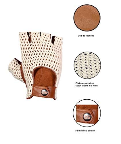 BUSINESS SQUARE BS Herren-Fahrhandschuh aus Baumwolle mit Haken und Leder Retro-Stil Luxus-Rindslederhandschuh mit Druckknopfriemen Fingerlose Autohandschuhe Motorradhandschuh Fahrradhandschuhe (XXL)