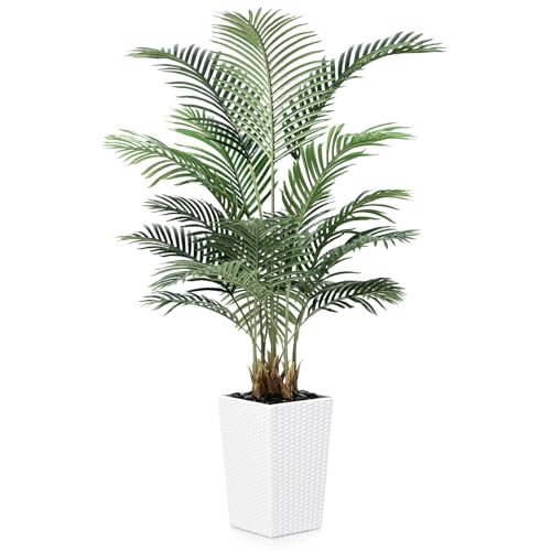 VeriNatural 5FT Artificial Palm Tree - Tall Fake Tree with White Taper Planter & Pebbles, UV...