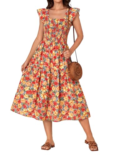 Image of Rooscier Women's A Line Smocked Midi Dress | Summer Sleeveless Square Neck Casual Sundress