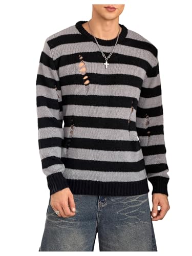 SHENHE Mens Striped Pattern Knit Pullover Ripped Drop Shoulder Sweater Striped Black Grey M