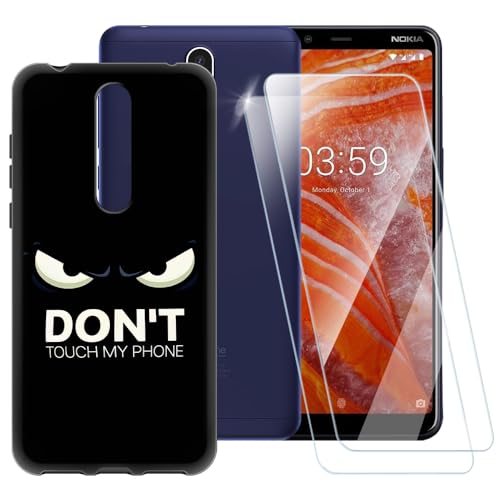 ESACMOT Don't Touch Pattern   Funda compatible con Nokia 3.1 Plus + [2 unidades] Protector de pantalla de vidrio templado, funda a prueba de golpes para Nokia X3 2018 (6 pulgadas)