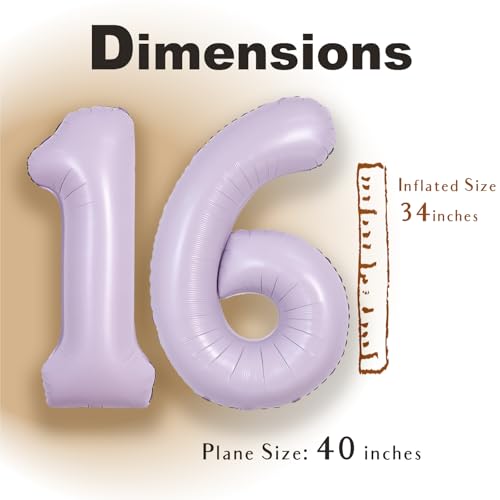 Image of SUWEN 40 Inch Light Purple Lavender Big 16 Balloon Number Foil Helium 0-9 | 16th Large Giant Birthday Huge Mylar Jumbo Happy Party 61 Anniversary Decorations