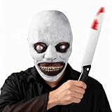 2 Pcs Ensemble de Masques D’horreur D’Halloween NTEVXZ Masque de Démon Souriant Masque de Rôle Réaliste Masques en Latex avec Couteau Sanglant Pour Fêtes D'halloween et Blagues