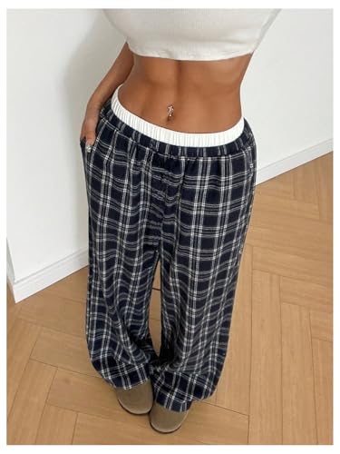Verdusa Girl's Casual Plaid Wide Leg Pants Drawstring Elastic Waist Baggy Trousers3