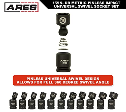 Image of ARES 25125 11-Piece 1 /2-Inch Drive Metric Pinless Swivel Impact Socket Set | Chrome-MolySteel, BlackPhosphateCoating, 360-Degree Swivel,Exceeds ANSIStandards, LimitedLifetime Warranty