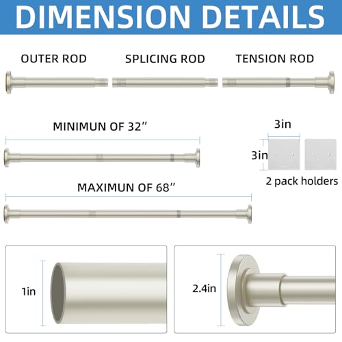 Image of CorkLatta Nickel Shower Curtain Rod,1 Inch Diameter Stainless Steel Adjustable Spring Tension Rods 32 to 68 inch,with Holders,Anti-Slip,Curtain Rods No Drilling(1 Pack)