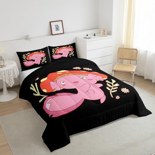 Image of Feelyou Axolotl Mushroom Fungus Comforter Set Queen Size Kids Boys Girls | Teens Flowers Cute Cartoon Kawaii Duvet Set Room Decor 3Pcs Warm Cozy Breathable Lightweight All Season