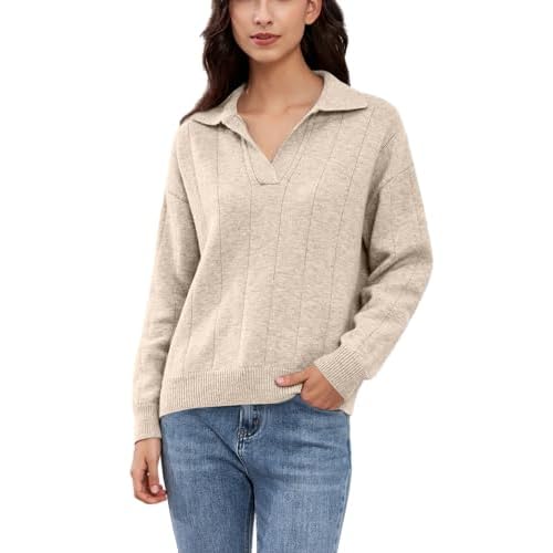 Woman Soft Sweater Collar V Neck Long Sleeve Knit Jumper Top Solid Casual Pullover Sweaters Beige Large
