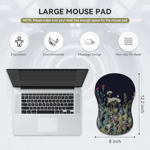 AIMSA Upgraded Wrist Rest Support Mouse Pad, Ergonomic Mousepad Massage Memory Foam Design, Pain Relief Comfortable Wrist Cushion Mat Non-Slip PU Base for Home Office, Flowers Plants — view 6