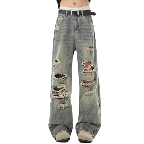 Raw Edge Ripped Jeans for Men Straight Loose Casual Retro Distressed Wide-Leg Denim Pants with Pockets