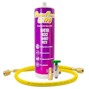 Gas Refrigerante Orgánico para Aire Acondicionado Tipo Split Ralerfresh RS equivalente a 950gr sustituto de los gases R410, R32, R407 y R22 (Botella + Manguera + Llave + Adaptador)