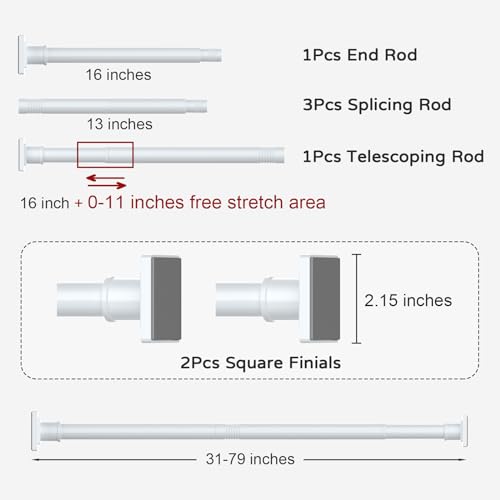 Image of UIOSANRT White Shower Curtain Rod 31-79 Inches Non-Slip Shower Rod Tension Mounted No Drill Shower Curtain Rods Spring Tension Rod Adjustable Tension Curtain Rod for Windows Bathroom