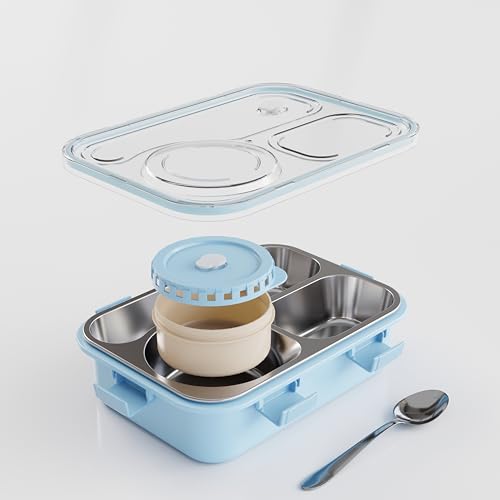 Image of 3-Compartment Stainless Steel Lunch Box, Leak-Proof & BPA-Free Bento Box, Eco-Friendly, Durable Meal Prep Container for Kids & Adults, Ideal for School, Office, College, Travel (Sky Blue)