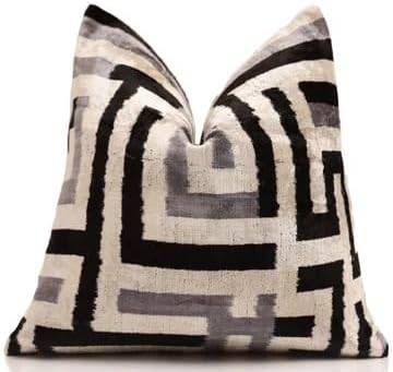Throw Pillow - Black & Silver, Velvet, Maze Pattern