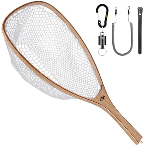 SF Fly Fishing Landing Net Soft Rubber Mesh Trout Net Catch and Release Net Square Head Combo-elm Wood a