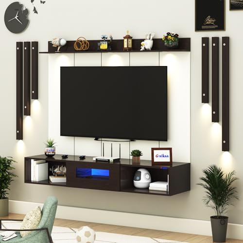 Image of Anikaa NovusPro Engineered Wood Wall Mount TV Unit with PVC Back Panel, Acrylic Blue LED Storage Box, Side Wooden Accent Spot Light Panels I Deal for Up to 50 Inch TV (Wenge - DIY Installation)