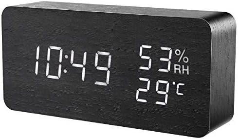 KeeKit Digital Wooden Alarm Clock, Electronic LED Desktop Clock with Temperature Humidity Time Display, 3 Alarm Settings, Voice Control, 3 Levels Adjustable Brightness for Home, Bedroom, Office