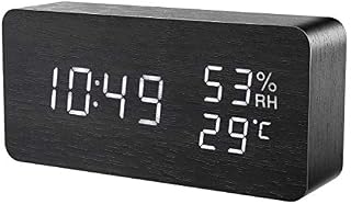 KeeKit Digital Wooden Alarm Clock, Electronic LED Desktop Clock with Temperature Humidity Time