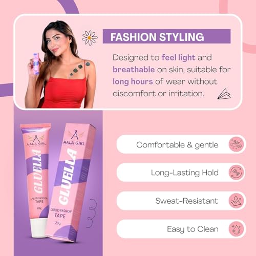 Image of Gluella Body Glue for Clothes & Skin for Women (20g) | Dermatologically Tested, Sweatproof, Skin-Friendly, Paraben Toxin Free | Invisible Liquid Fashion Tape Dresses, Necklines & Jewellery | Pack Of 2