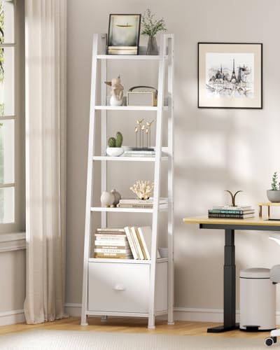 Image of Furologee 6 Tier Ladder Shelf,Ladder Bookshelf with Drawer,Modern Tall Bookcase,Storage Rack Organizer,Wood Metal Freestanding Shelves for Living Room, Home Office, Bedroom, White