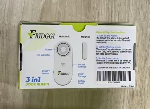 FRIDGGI 3in1, Door Alarm with Delay 0/5/10/30/60 Seconds, 2/5 Minutes, Close Door Reminder, 80 to 120 dB - Image 3